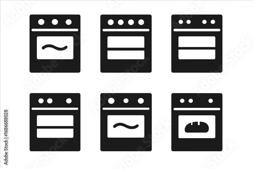 Set of six minimalist black oven icons in silhouette style for kitchen appliance design, vector cartoon illustration, cooking symbols, baking, modern kitchen elements with transparent background