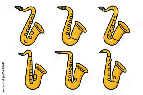 Set of six musical saxophones in modern linear cartoon style, vector illustration with transparent background, stylized musical instruments collection, jazz and blues theme