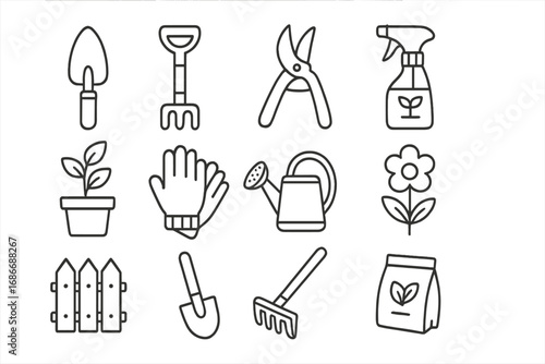 Set of line style web icons depicting essential gardening tools and plant care items for landscaping, home gardening, and horticulture tasks in vector cartoon illustration