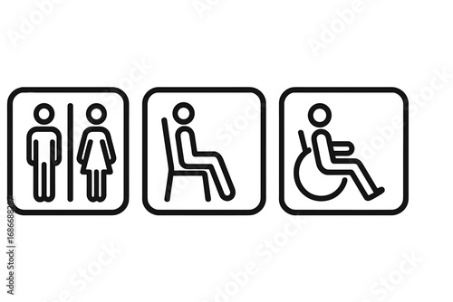 Clear signage symbols indicating restrooms, seating options, and accessibility for disabled in public spaces. Vector cartoon icons with transparent background for inclusive facility navigation.