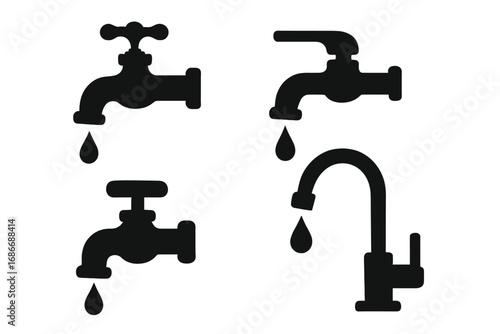 Silhouette Collection of Water Taps with Dripping Droplets in Various Faucet Designs, Vector Cartoon Illustration, Transparent Background, Plumbing, Water Supply Icons