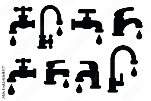 Silhouette collection of black water taps and faucets with droplets in various vintage and modern designs, vector cartoon illustration, transparent background, plumbing icons, ordered set