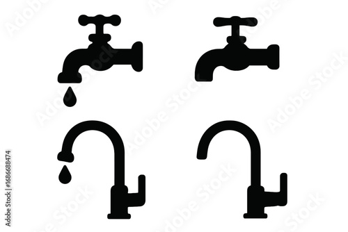 Silhouette faucet icons with dripping water, modern and classic water taps vector set, cartoon style plumbing fixture illustrations, transparent background, ordered collection