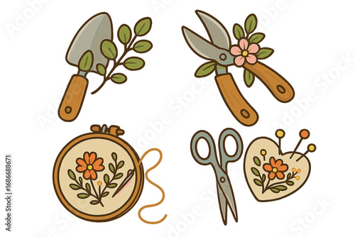 Set of cute vector icons for gardening and embroidery hobbies. Cartoon illustration of tools like trowel, pruners, scissors, pincushion and hoop. Craft and needlework concept.