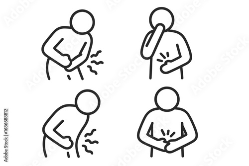 Stomach pain and ache line vector icon set illustrating various abdominal discomfort positions and reactions, digestive health, nausea, and cramps in simple cartoon style with transparent background
