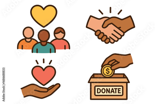 Community engagement and mutual support icons for charitable activities and social initiatives, vector cartoon illustration with diverse people, heart, handshake, and donation concept