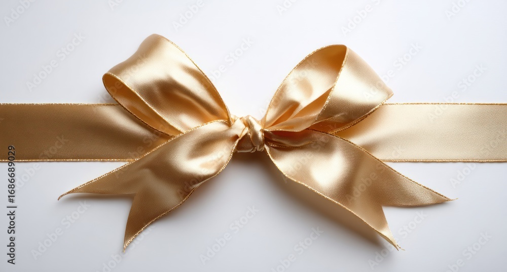 Fototapeta premium Silky gold ribbon tied in a bow lies centered on a soft white surface. The bow and ribbon exhibit subtle folds and shimmers, catching the light