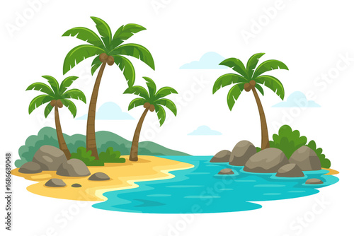 Tropical island landscape with vibrant palm trees, natural rocks, and clear blue water in daylight, cartoon vector illustration with transparent background, serene beach scene