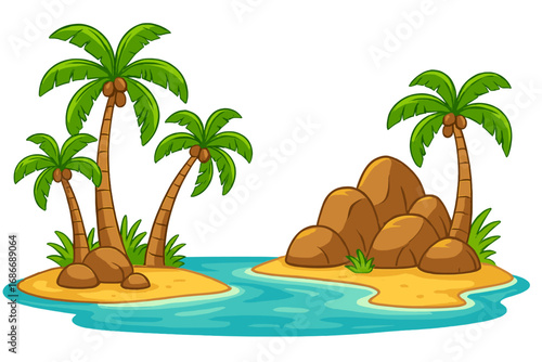 Tropical island landscape with green palm trees, brown rocks, bright sandy beaches, and clear blue water, sunny day vector cartoon illustration, seamless transparent background