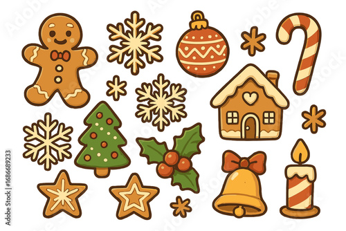 Christmas gingerbread icon set. Cute winter holiday collection. Vector cartoon illustration with man, house, star cookie, snowflake, tree, candy cane, bell, and festive elements.