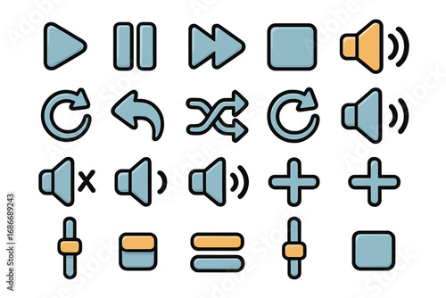 Variety of multimedia control icons with play, pause, stop, volume, repeat, shuffle, and slider controls for digital UI design, vector cartoon illustration with transparent background