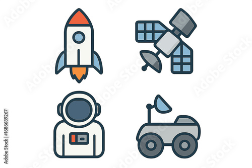 Space exploration icon set. Vector cartoon illustration. Rocket launch, satellite, astronaut, and mars rover icons. Simple flat line art design for web and mobile apps.