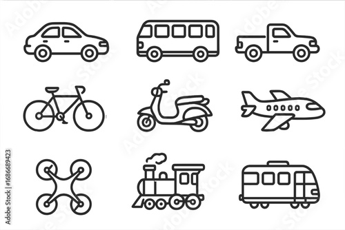 Various modes of transportation vector icons set, line art style featuring cars, bikes, planes, scooters, trains, drones, buses, trucks, diverse travel and transport concepts, cartoon illustration