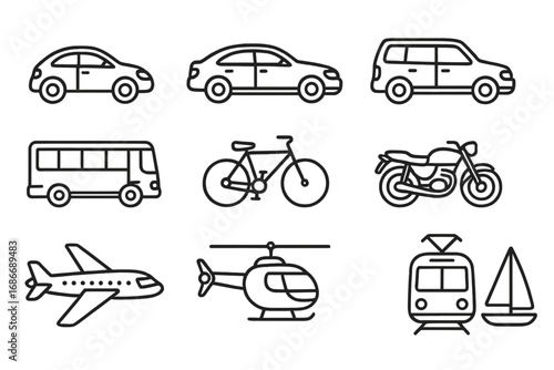 Diverse transportation modes in line vector icons showing cars, bikes, planes, helicopter, bus, tram, and sailboat for travel and mobility concepts in cartoon style