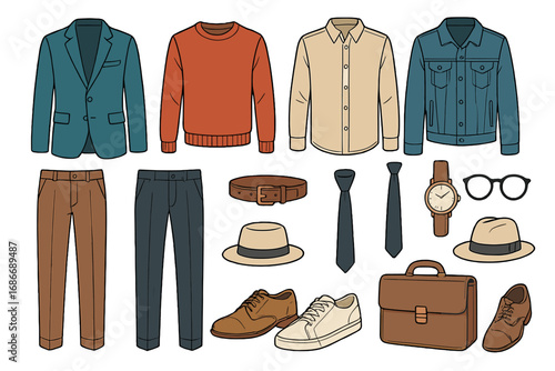 Men's fashion set. Classic gentleman clothing and accessories. Vector collection of business casual and formal wear. Wardrobe essentials. Suit, pants, shirt, shoes, hat, watch.