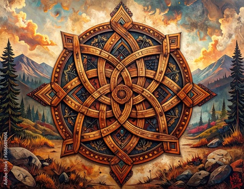 Intricate Wooden Mandala Against Mountain Landscape