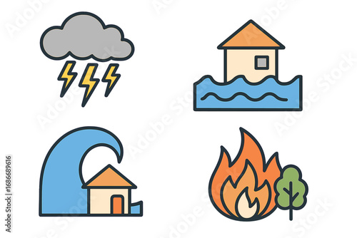 Set of various natural disaster icons including thunderstorms with lightning, house flooding, tsunami wave threat, and wildfire flames with tree, minimalist vector design