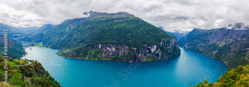 An amazing panoramic view of the Geiranger Fjord,