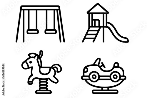 Set of playground equipment icons including swings, slides, spring rider horse, and rocking car, children’s outdoor play area symbols in vector cartoon style with transparent background