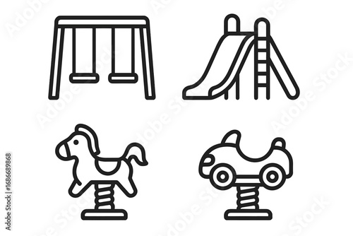 Playground equipment icons including swings, slides, spring riders, and ride-on toys for children, vector cartoon style, transparent background, kids outdoor play set illustration