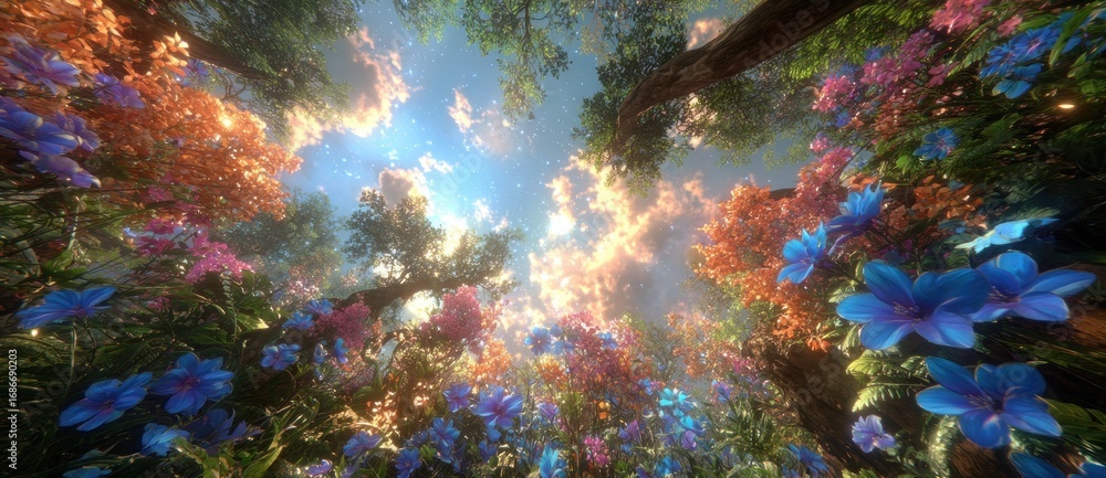 Fototapeta premium An upward view through a colorful forest canopy. Lush flora and soft, glowing skies create a dreamy atmosphere