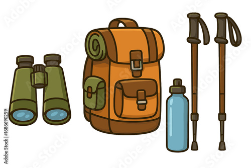 Essential hiking gear for outdoor adventure. Vector cartoon illustration with backpack, binoculars, water bottle, and trekking poles. Concept of travel, tourism, and exploration.