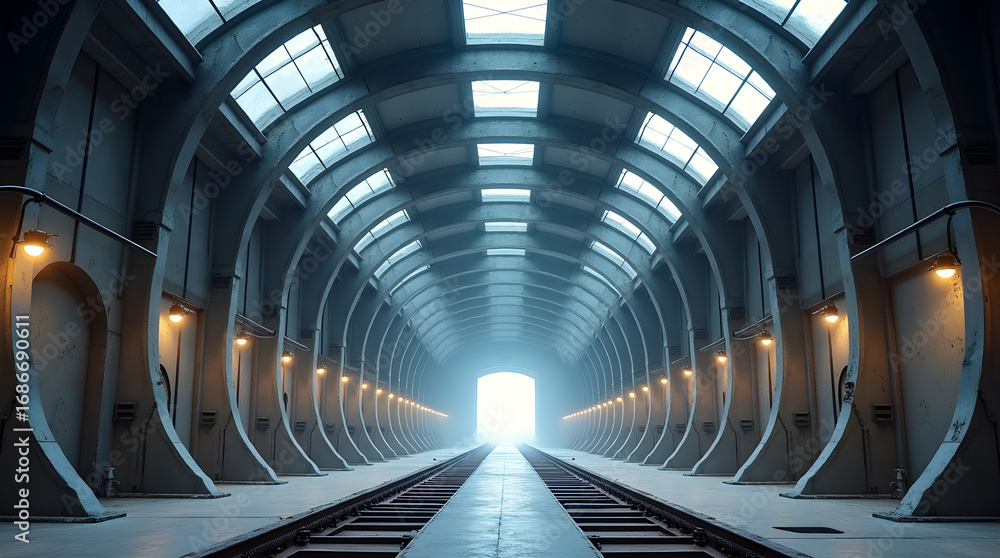 Fototapeta premium Empty industrial hangar interior with train tracks leading to bright light