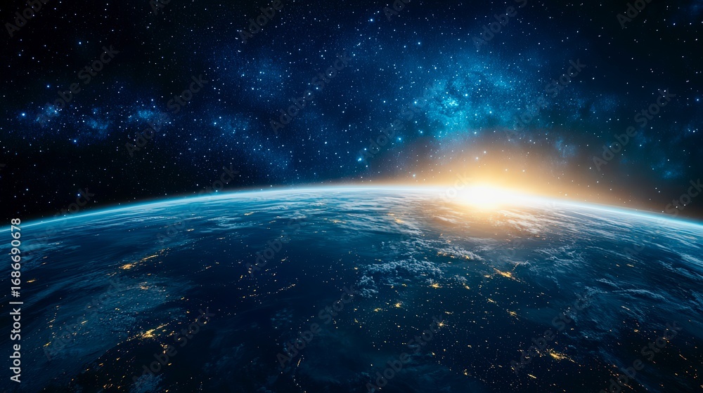 Fototapeta premium Outer space Earth horizon glowing cosmic perspective with dramatic star background