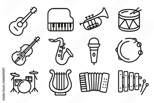 Set of line style icons with various musical instruments, including guitar, piano, trumpet, violin, saxophone, microphone, drums, harp, accordion for creative projects and digital use