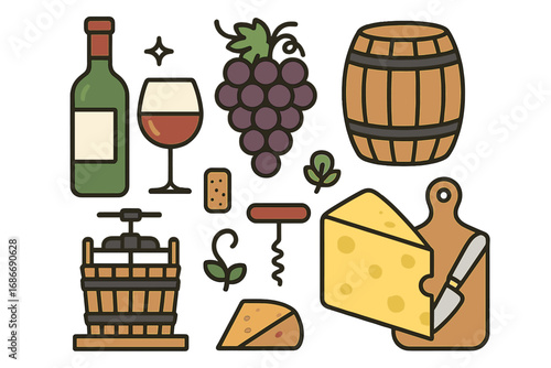 Wine and cheese gathering with winemaking elements, wine bottle, glass, grapes, barrel, cork, corkscrew, cheese wedge, cutting board, and press in minimalist cartoon style