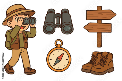Hiker boy character exploring outdoors with adventure equipment set. Vector cartoon icons of binoculars, compass, boots & trail sign. Concept for scouting, camping & navigation.