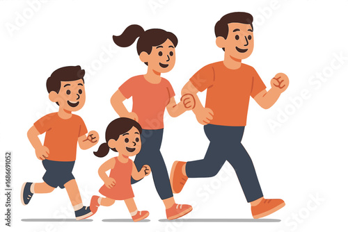 Happy family running together. Parents with son and daughter jogging. Healthy active lifestyle concept. Morning exercise. Flat vector cartoon illustration on transparent background.