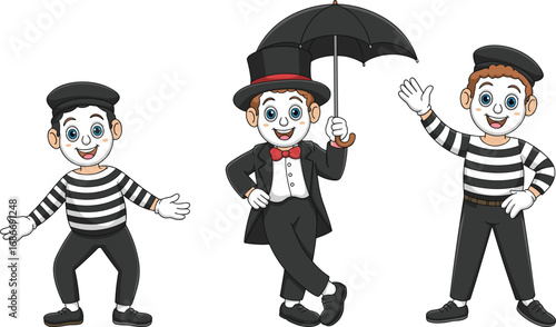 Cartoon mime characters in different poses with expressive faces, wearing classic outfits and performing silent comedy, vector illustration for entertainment themes