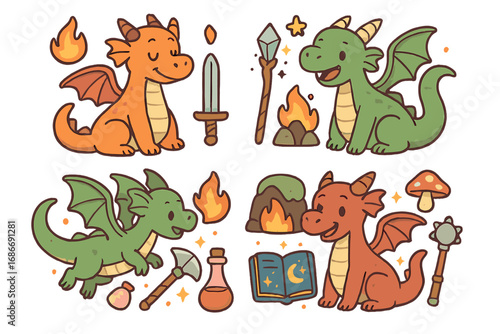 Cute dragon fantasy cartoon set. Baby dragons. Medieval fairytale icons. Magic weapons sword axe mace. Spellbook potion staff. RPG adventure elements. Kids vector illustration.