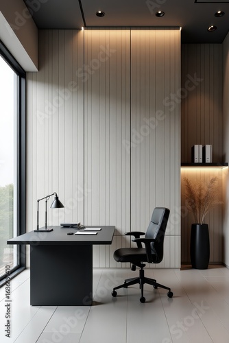 A modern, minimalist home office featuring a dark gray desk and a black chair, complemented by light beige wall panels and natural light.
