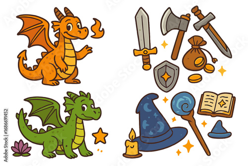Vector set of cute fantasy medieval cartoon icons. Whimsical collection of fairytale elements. Includes dragon, knight sword, axe, shield, wizard hat, magic staff, and spellbook.