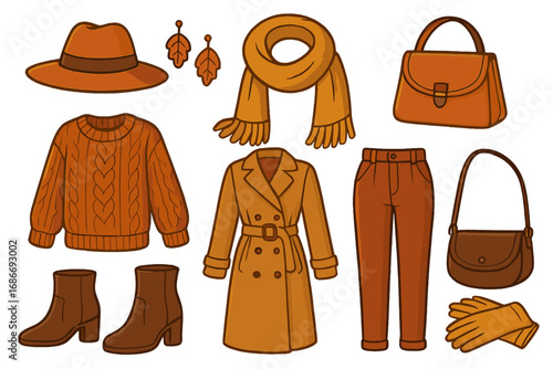 Autumn fashion collection. Stylish woman fall wardrobe essentials. Vector cartoon set with cozy sweater, trench coat, hat, boots, scarf, pants and bags. Isolated clothing items.