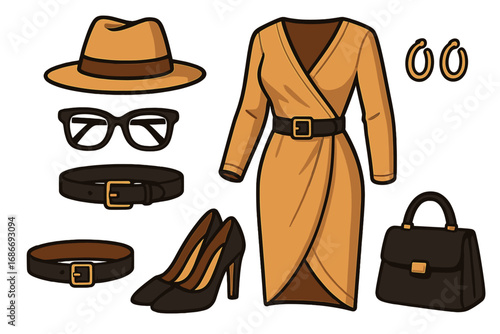 Woman's fashion outfit flat lay. Elegant business casual clothing set with dress, high heels, handbag, hat, and accessories. Vector cartoon illustration for a stylish look.