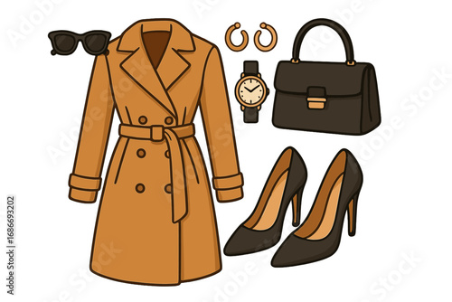 Woman's classic fashion set. Stylish autumn outfit with trench coat, high heels, handbag. Business casual look. Elegant female clothing and accessories. Vector illustration flat lay.