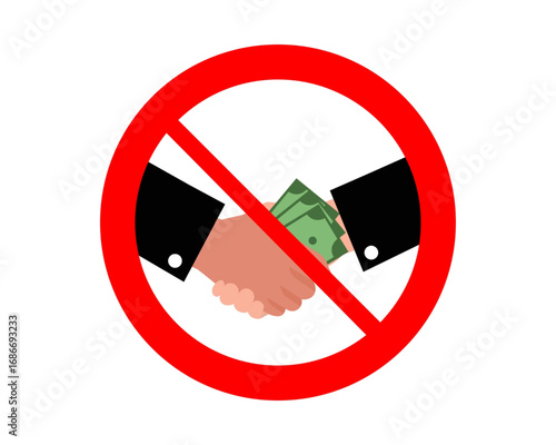 Anti-corruption symbol with a crossed out handshake and money, representing the fight against bribery and illegal deals