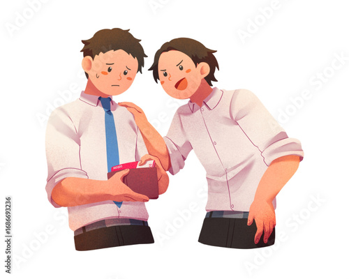 Vector illustration depicting workplace bullying and financial extortion between two colleagues, highlighting concepts of pressure and debt