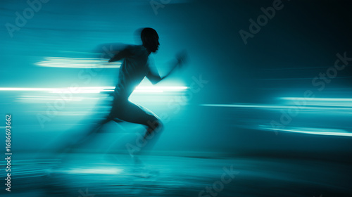 Motion Blur Silhouette of a Fast Runner Sprinting with Teal Light Trails Representing Speed, Energy, and Athletic Performance