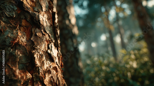 Textured pine tree bark close up, rugged wood surface in forest, natural brown timber trunk, woodland scenery