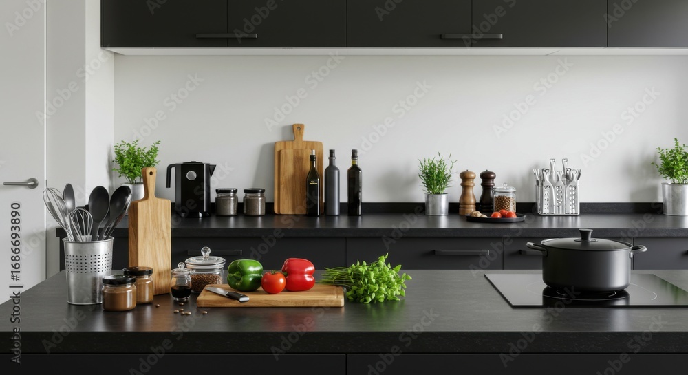 Fototapeta premium Modern kitchen setup with fresh ingredients and cooking tools