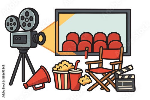 Cinema movie production equipment set. Vector cartoon icons for film festival. Vintage camera, screen, director chair, clapperboard, popcorn. Retro filmmaking illustration.