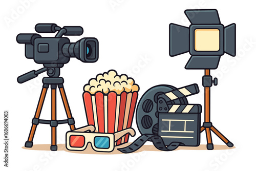 Movie production concept. Film camera, clapperboard, reel, and studio light. Cinema entertainment elements with popcorn and 3D glasses. Filmmaking equipment vector cartoon.