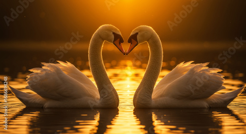 Fototapeta Naklejka Na Ścianę i Meble -  Two elegant swans form a heart shape on golden water at sunset, symbolizing love and romance.