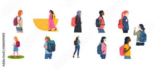 A diverse group of people carrying backpacks, representing education, travel, and the pursuit of knowledge