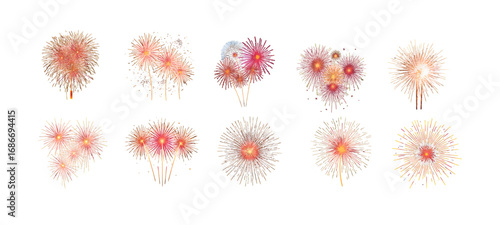 Vibrant collection of festive firework explosions and sparkling pyrotechnic bursts for events