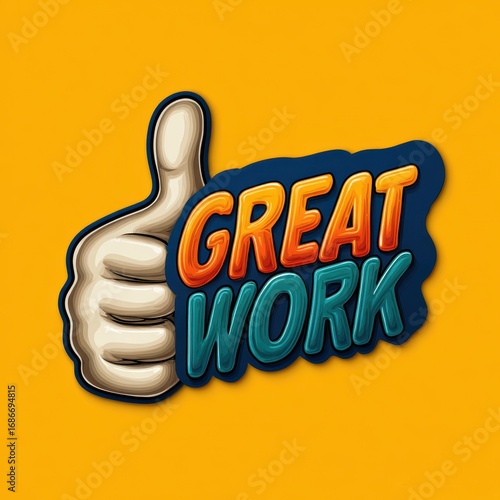 A cartoon thumb gives a thumbs up with the words great work over a yellow background